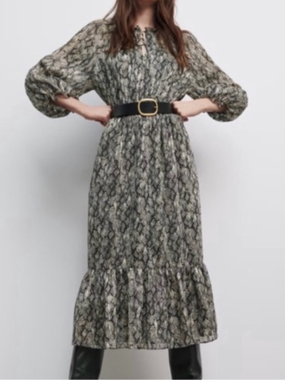 ZARA Snake-Print Long Sleeve Maxi Dress in Black & Gray
